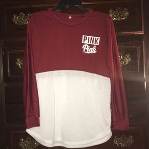 long sleeve burgundy and white “pink” shirt